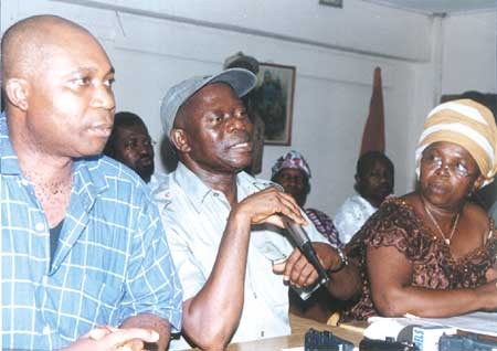 NLC President, Mr. Adams Oshiomhole (middle), National Union of Banks, Insurance and Financial Institutions Employees (NUBIFIE) President, Mr. Princewill Ojeh (left) and Trade Union Congress (TUC) President, Mrs. Nkiru Obiajulu, at a briefing on NLC�s pl