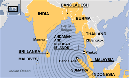 Map of southern Asia showing areas hit by the quake and tsunamis